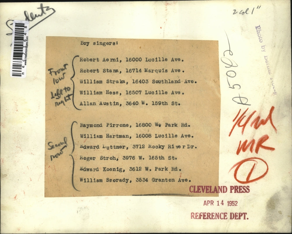 1952 Press Photo Boy choir singers, Rbt Aerni, Rbt Stana, Wm Straka - nec71648