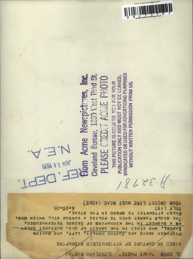 1935 Press Photo Edythe Morley, Marion Samuel helped arrest Mrs M Waley,kidnap