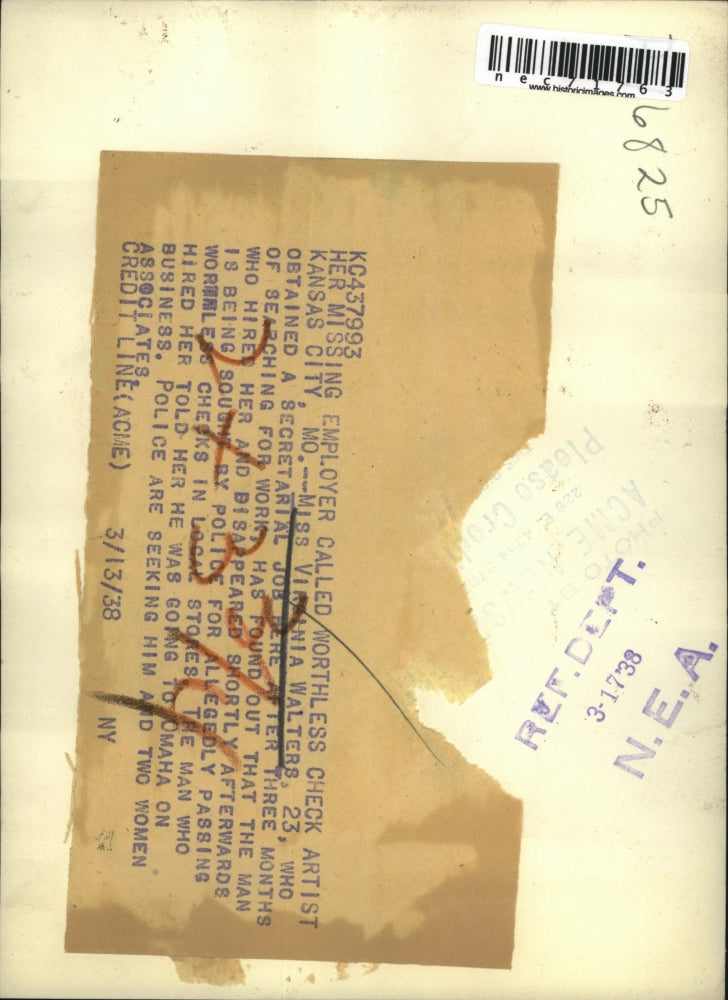 1938 Press Photo Miss Virginia Walters of Kansas City, Mo, boss gave bogus check