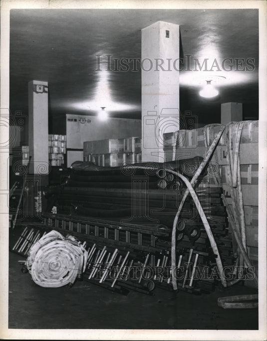 1944 Press Photo Fire & medical equipment store at police HQ in Cleveland- Historic Images