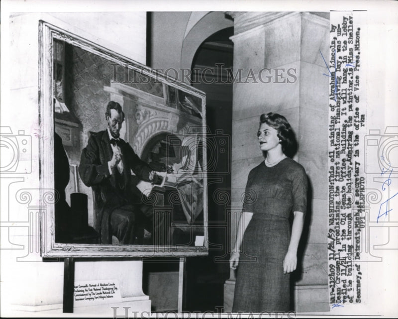 Load image into Gallery viewer, 1959 Press Photo DC Oil painting of Abe Lincoln by Dean Cromwell at Senate Bldg
