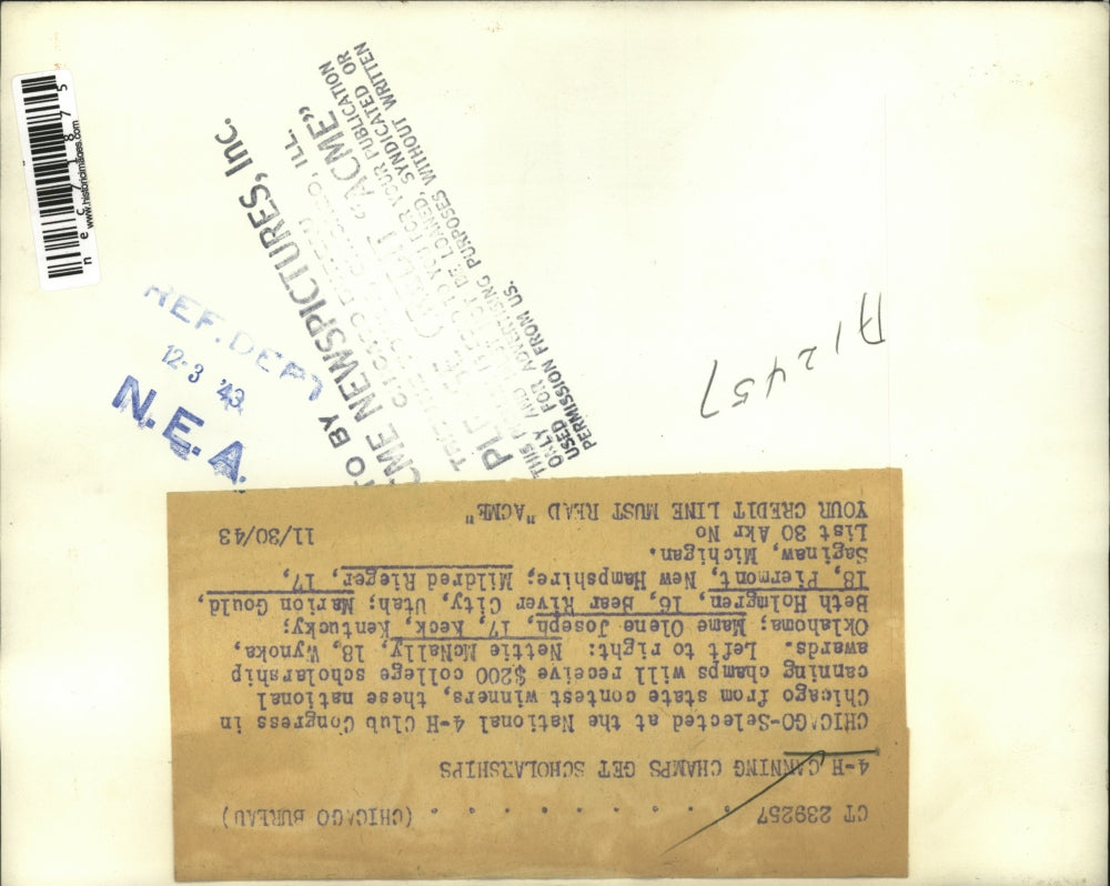 1943 Press Photo Chicago, Natl 4-H N McNally,MO Joseph, M Gould