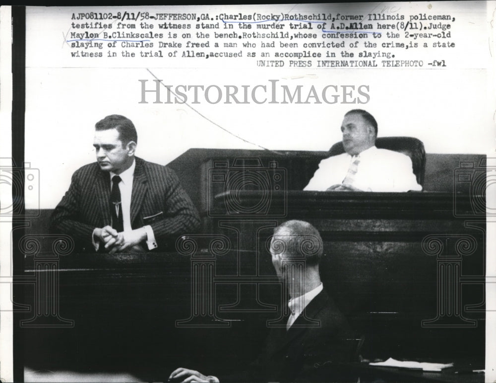1958 Press Photo Charles Rocky Rothschild on witness stand at murder trial