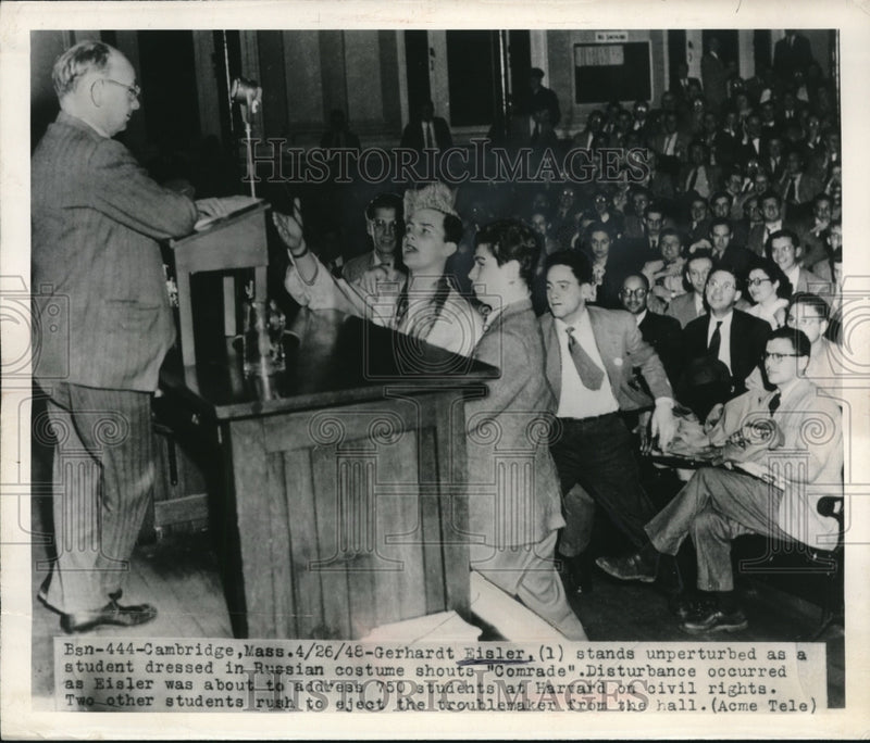 Load image into Gallery viewer, 1958 Press Photo Gerhardt Eisler &amp; Harvard students at a speech
