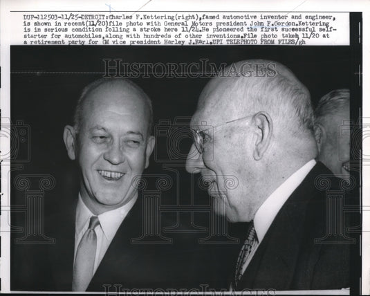 1958 Press Photo Inventor Charles F. Kettering with GE Motors Pres. John Gordon