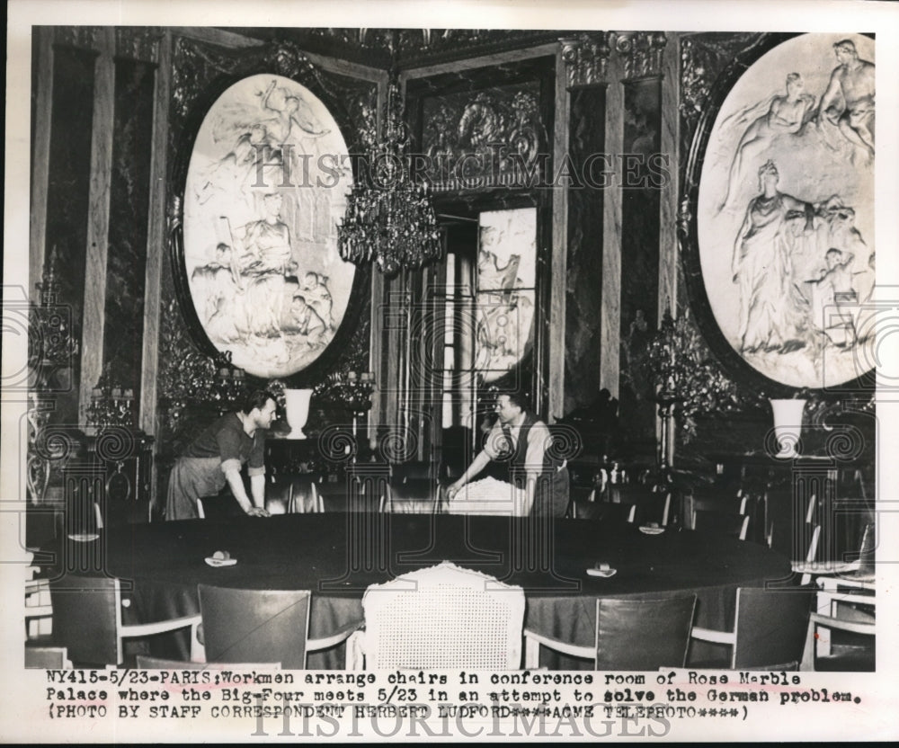 1949 Press Photo Workmen Arrange Chairs at Rose Marble Palace For Big Four