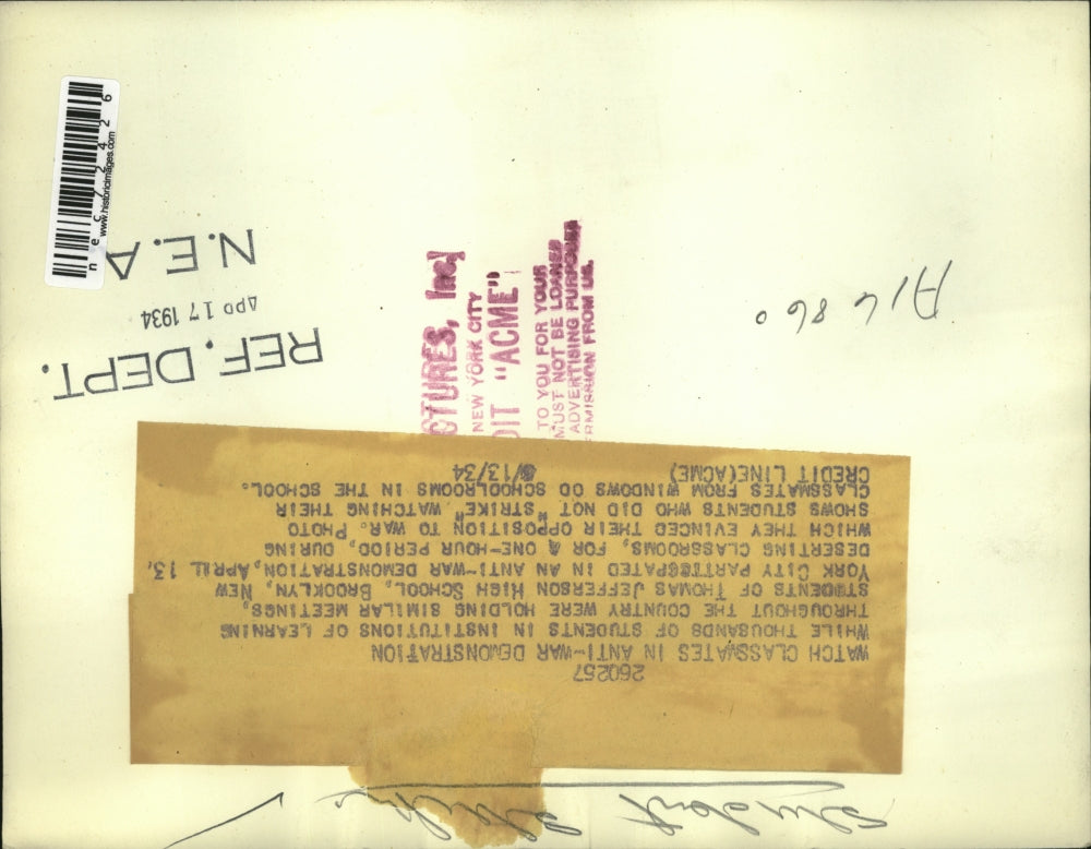 1934 Press Photo Thomas Jefferson HS student strike in NYC