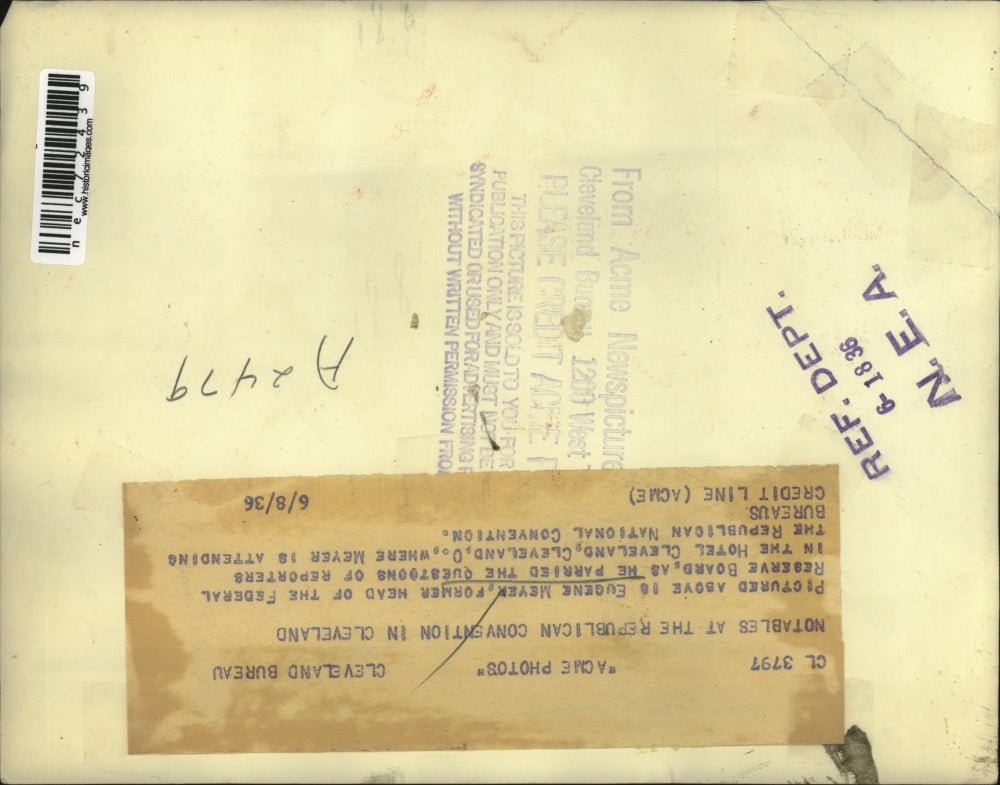 1936 Press Photo Eugene Meyer, ex Federal Reserve Board head