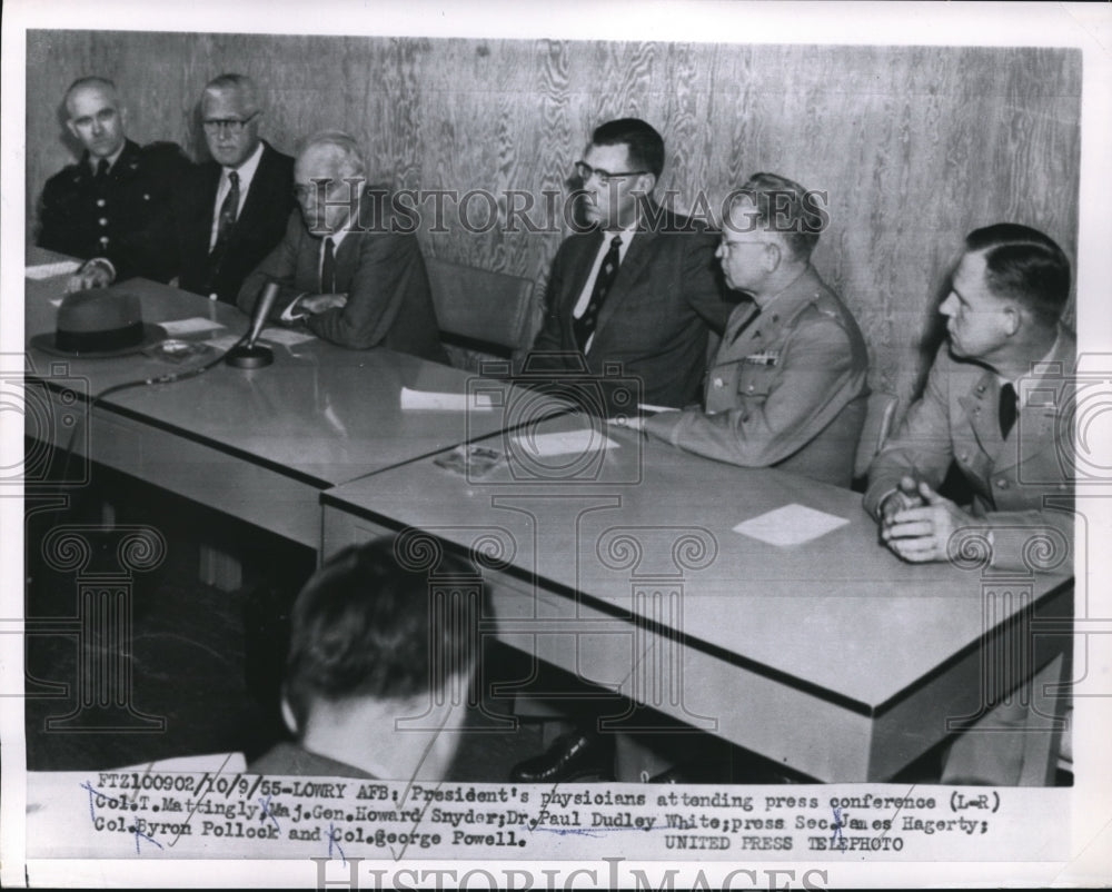 1955 Press Photo Lowry AFB, Col Mattingly, Maj Gen Snyder, Dr P Dudley, J Hagert