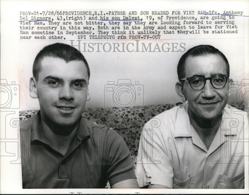 Load image into Gallery viewer, 1966 Press Photo Providence, RI Sfc Anthony Del Signore &amp; son Delvet head to Vie
