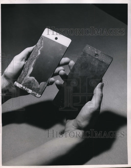 1950 Press Photo Sharon, Pa Westinghouse Transformer parts, 1 corroded 1 not