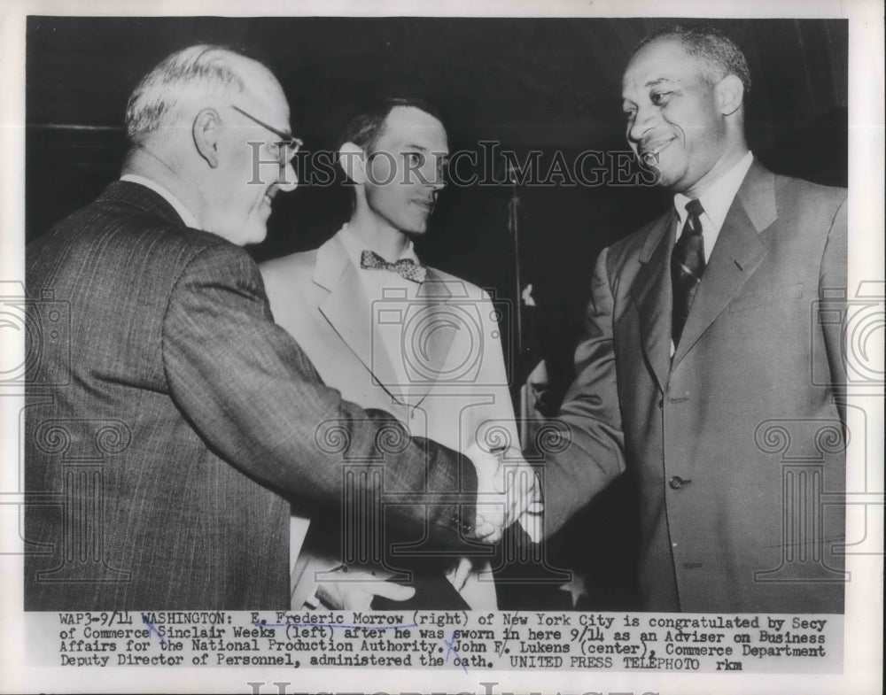 1953 Press Photo E. Frederic Morrow congratulated by Sinclair Weeks