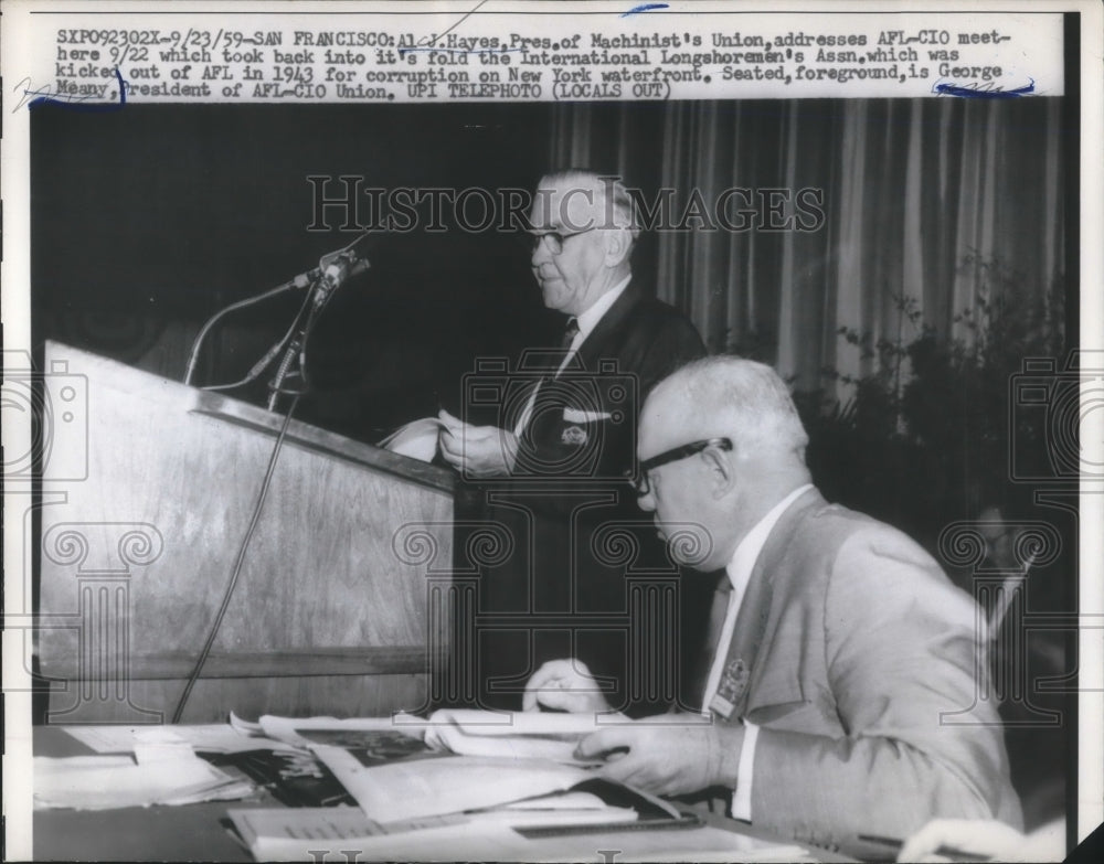 1959 Press Photo San Francisco Al J Hayes Pres of Machinists Union, Geo Meany