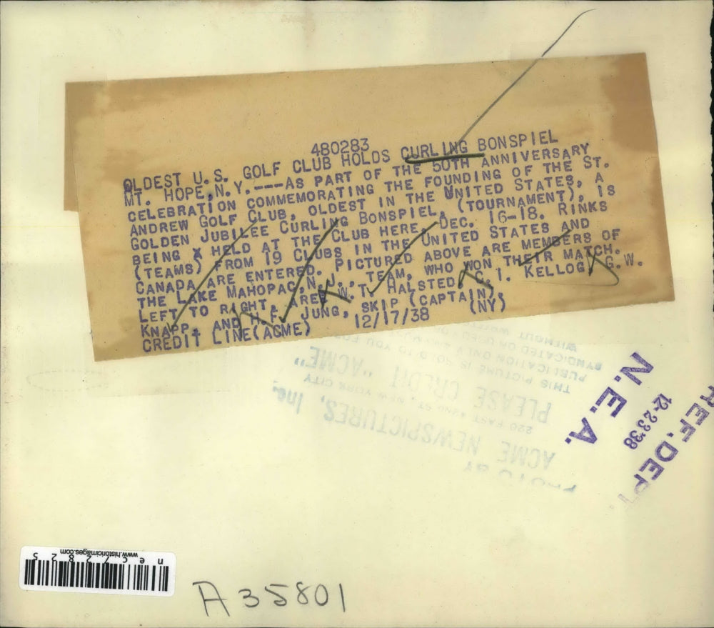 1938 Press Photo Mt Hope, MY curlering team, Halsted,Kellog,Knapp,Jung