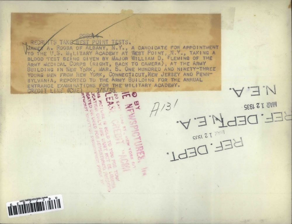 1935 Press Photo James A Roosa, NY tests for Military Academy at West Point