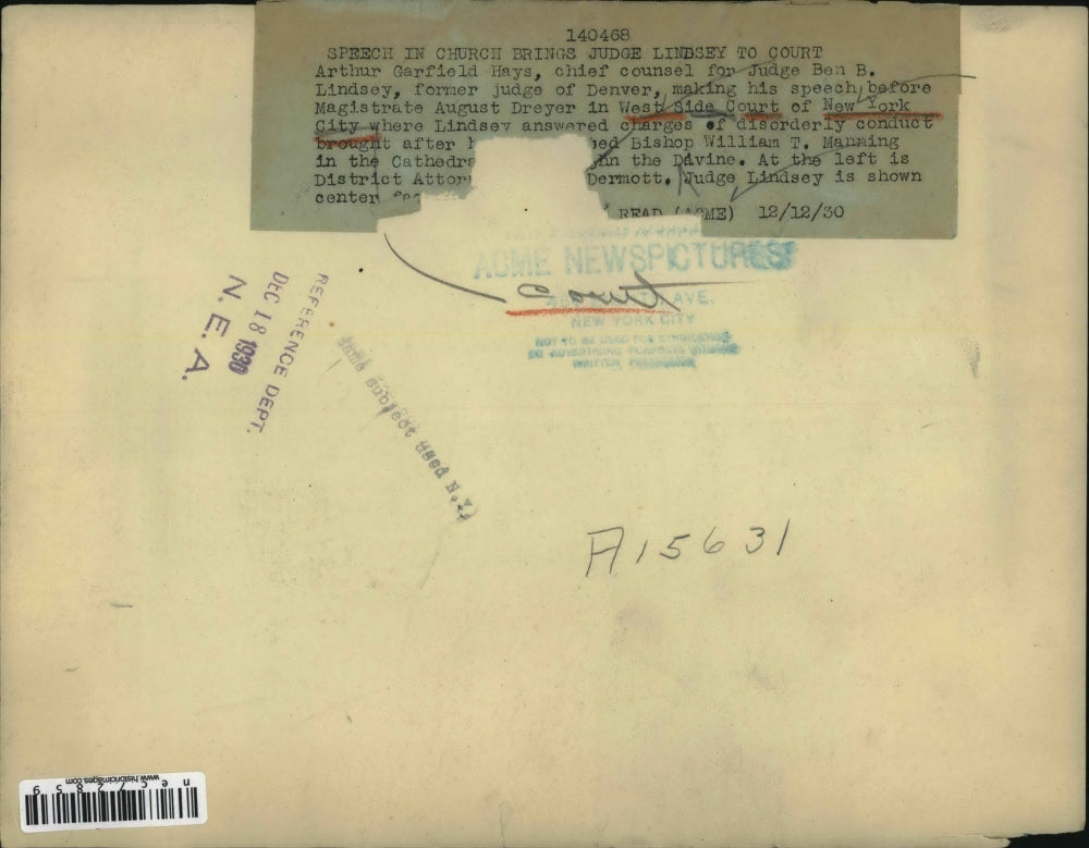 1930 Press Photo Arthur G Hays at W Side Court of NYC DA & Judge Lindsay