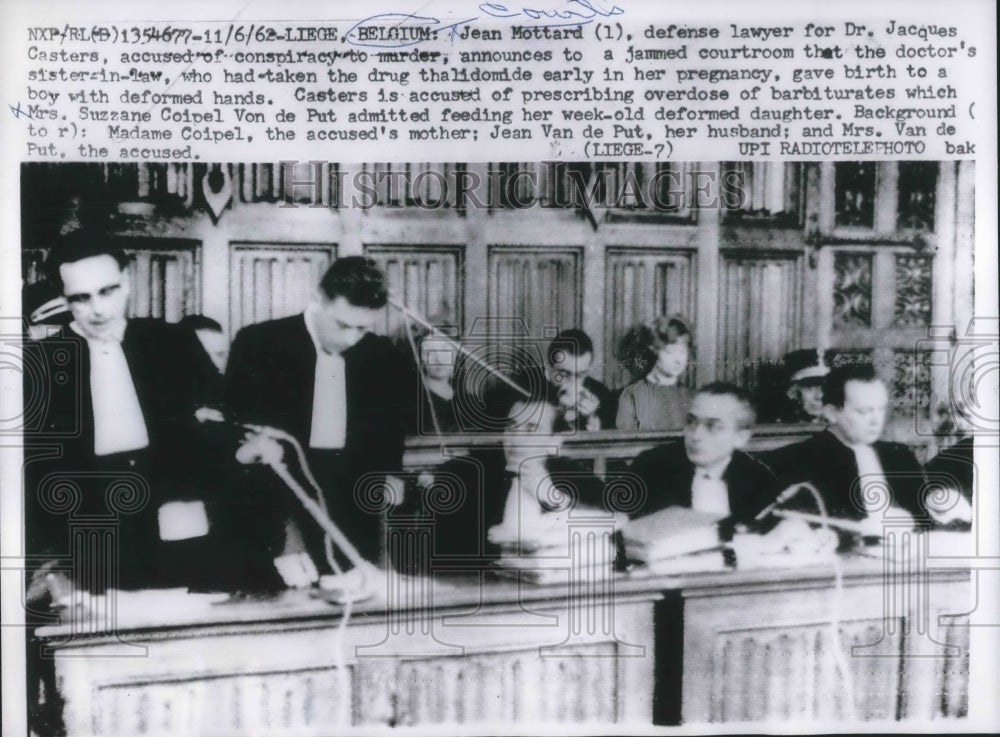 1962 Press Photo Liege, Belgium atty Jean Mottard for Dr Jacques Casters trial