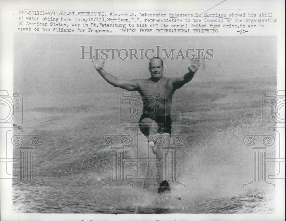1962 Press Photo St Petersburg, Fla US Amb deLassepes Morrison water skiing