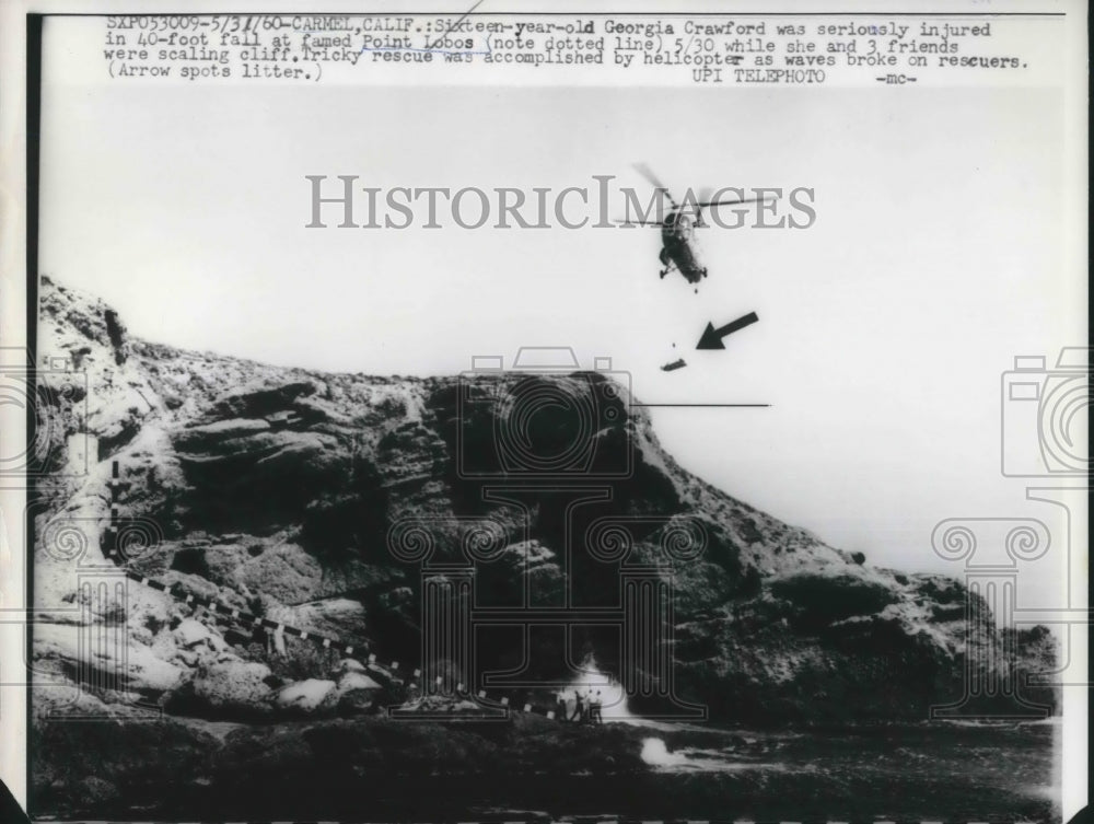 1960 Press Photo Carmel, Calif G Crawford rescued from rocks by copter