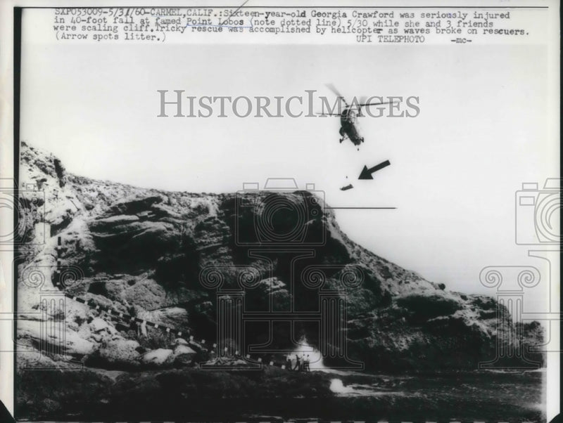 Load image into Gallery viewer, 1960 Press Photo Carmel, Calif G Crawford rescued from rocks by copter
