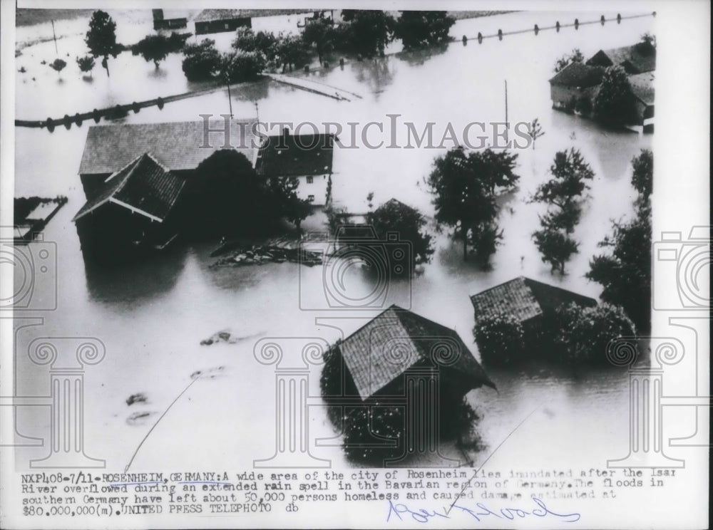 1954 Press Photo city of Rosenheim flooded by Isar River in Germany - nec73363