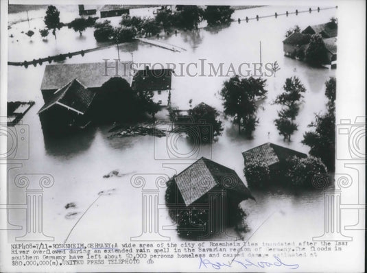 1954 Press Photo city of Rosenheim flooded by Isar River in Germany - nec73363
