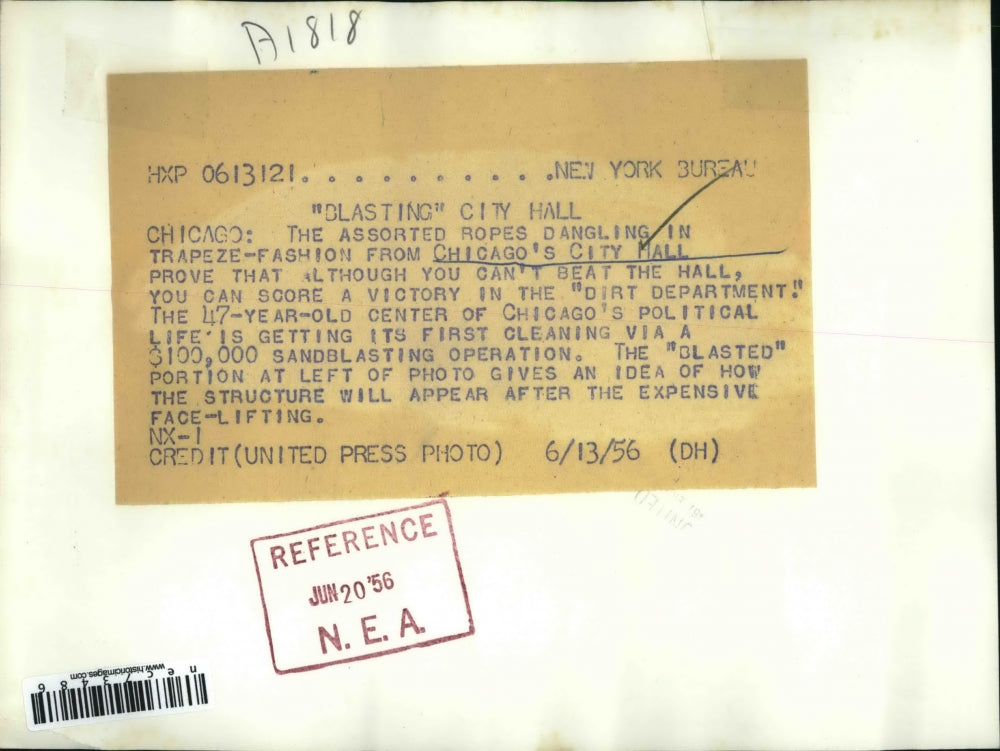 1956 Press Photo Ropes Dangling at Chicago's City hall for Sandblasting