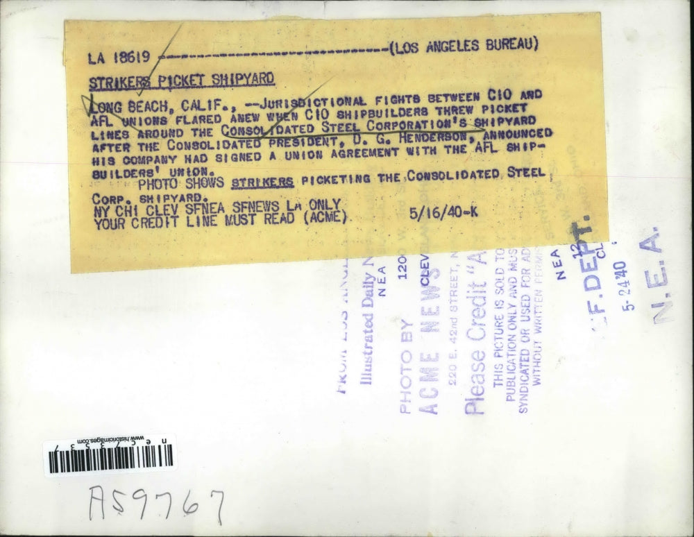 1940 Press Photo Long Beach, Calif Consolidate Steel Co strikers