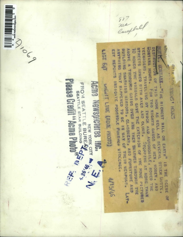 1946 Press Photo Butte, Mont Homes wrecked by vandals by gangs