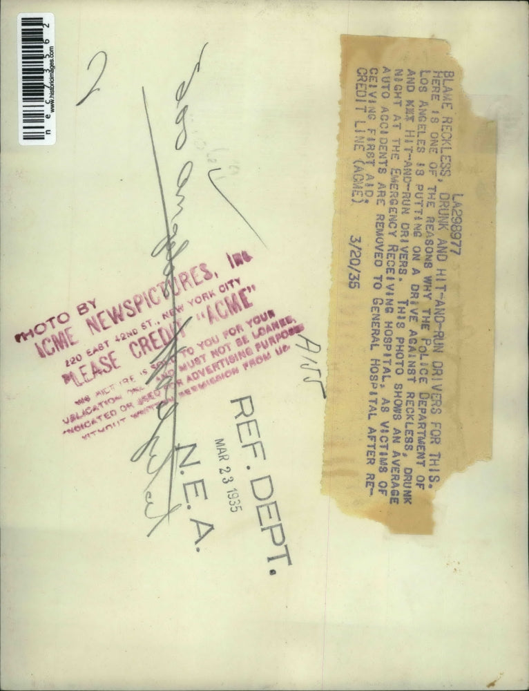 1935 Press Photo La, Calif Emergency receiving Hospital with auto accident vics