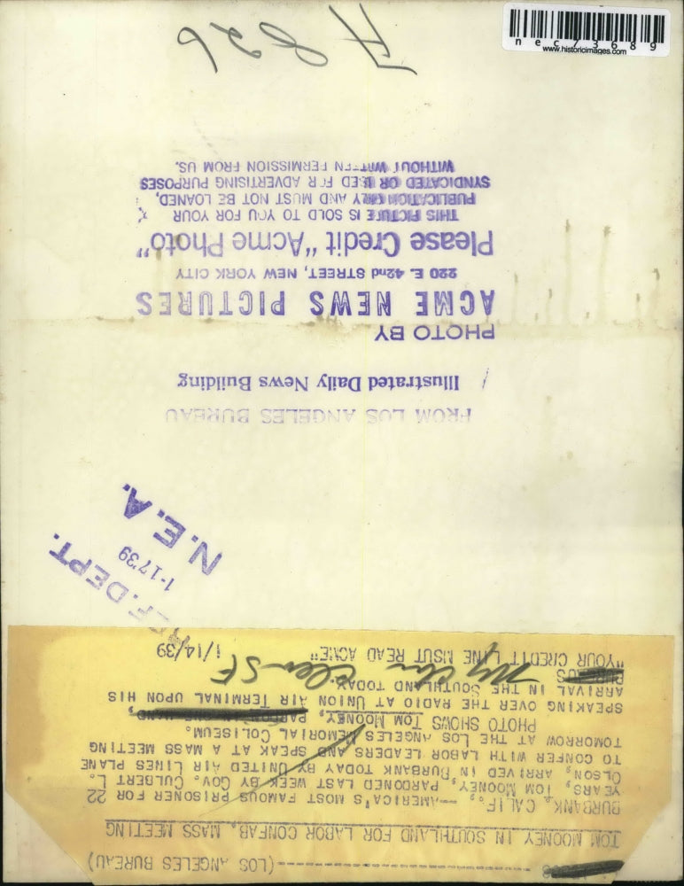 1939 Press Photo Burbank, Calif Tom Mooney to speak at meeting in LA