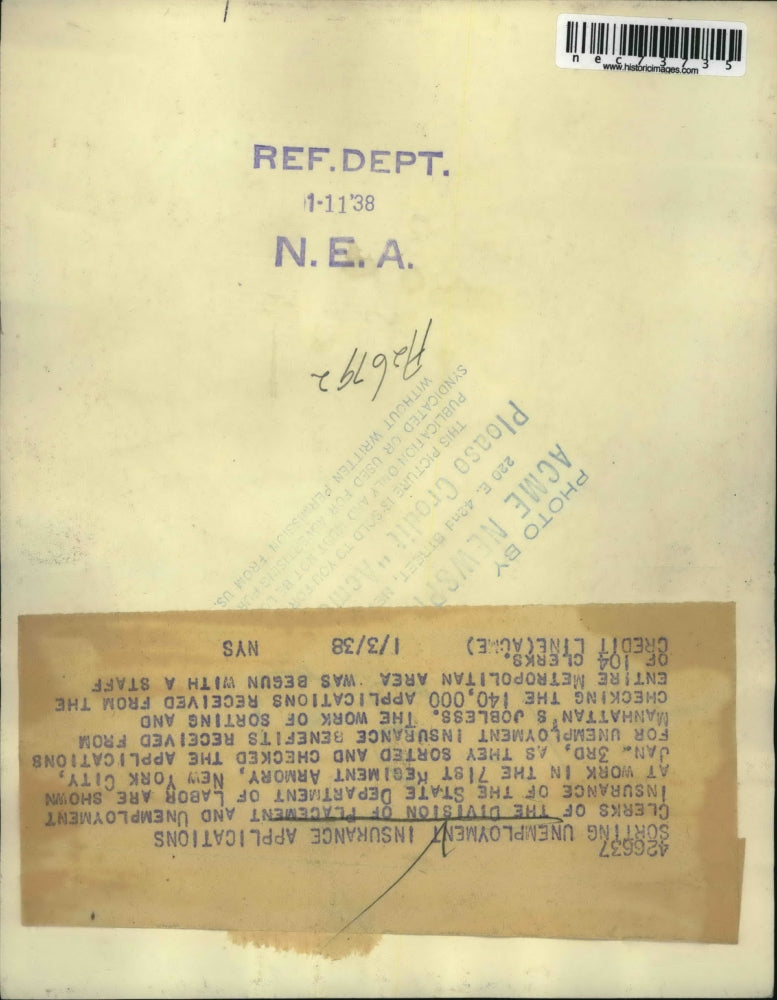 1938 Press Photo Unemployment Insurance clerks at State Dept Armory in NYC