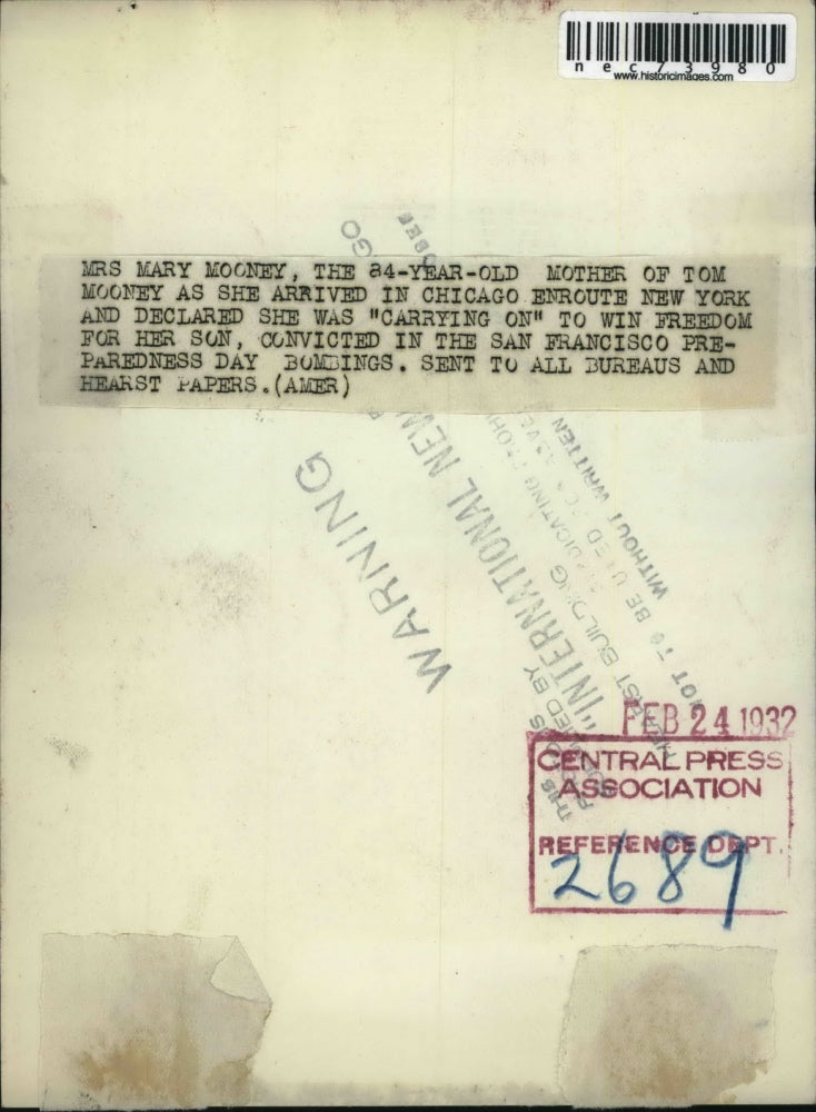 1932 Press Photo Mrs Mary Mooney mom of bomber Tom Mooney