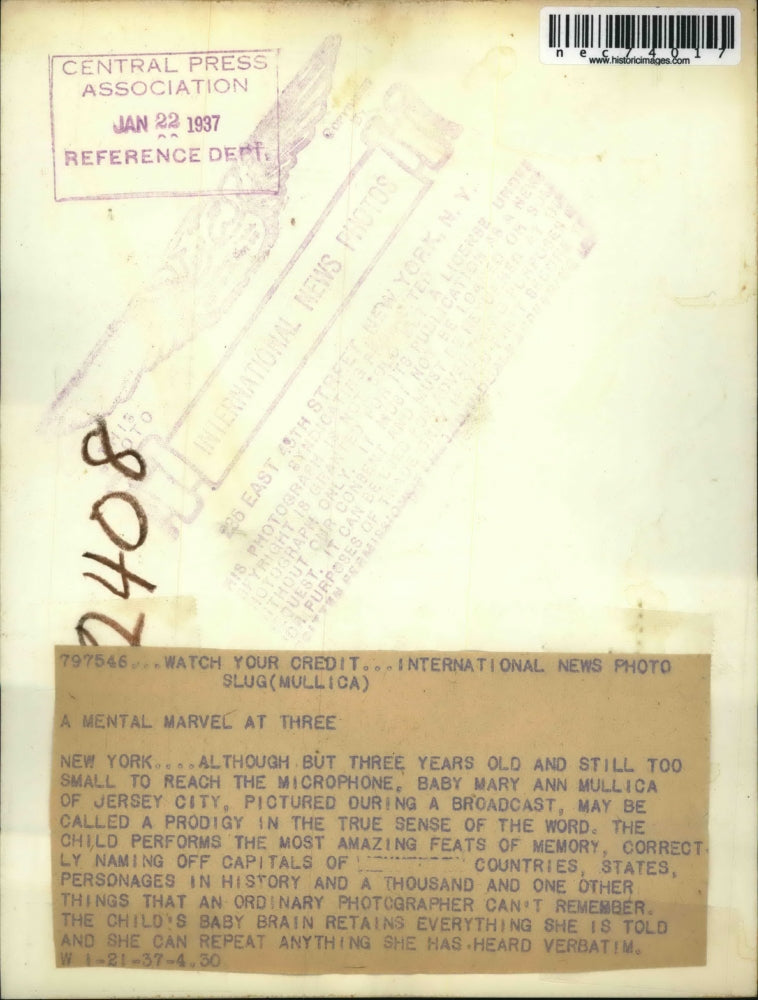 1937 Press Photo NYC Mary Ann Mullica. age 3 memory feats on broadcast radio