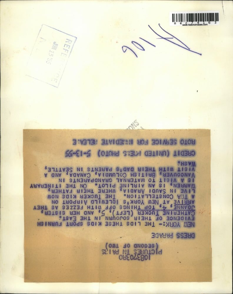 1955 Press Photo NYC, Catherine & Joanie Tucker, dad is TWA airline pilot