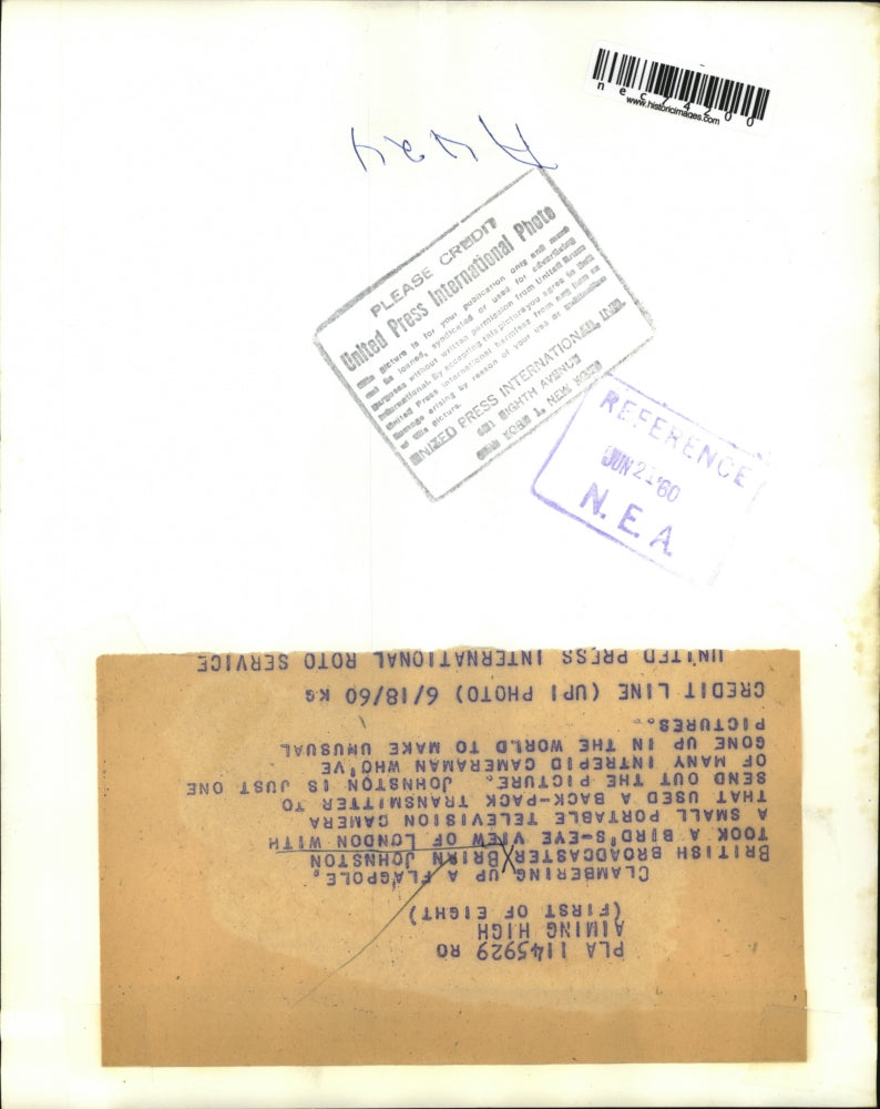 1960 Press Photo British broadcaster Brian Johnston with portable TV camera