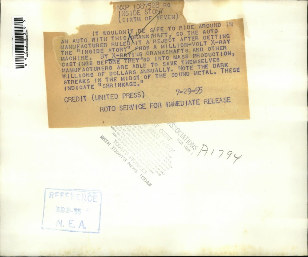 1955 Press Photo X raying of cranksharts & casting to check the metal