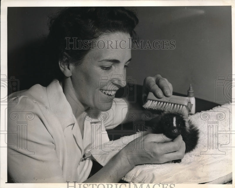 Load image into Gallery viewer, 1945 Press Photo Mrs Fred Martini with a baby skunk as a pet
