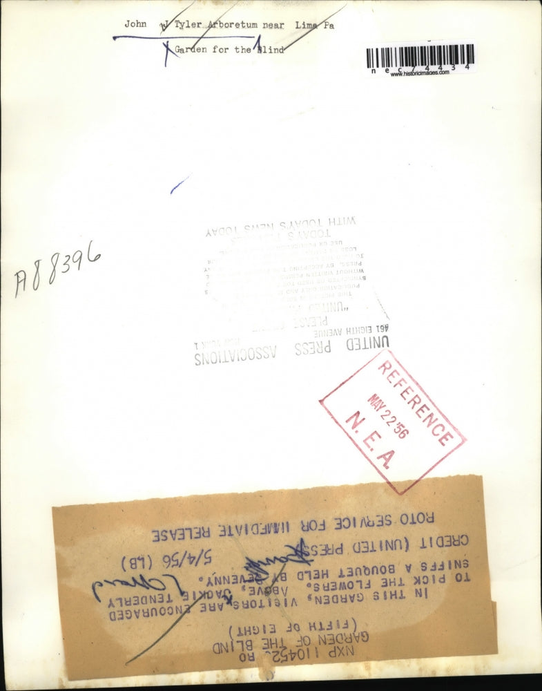 1956 Press Photo Visitors sniff boquet of flowers at garden for the blind