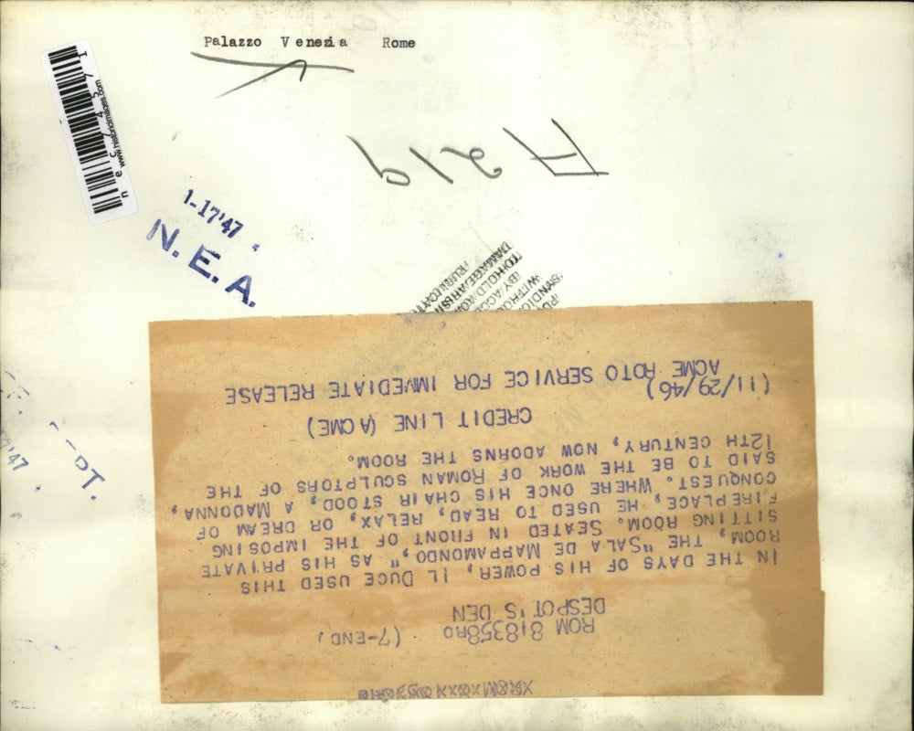 1946 Press Photo Sala room of Il Duce is restored to splendor of old