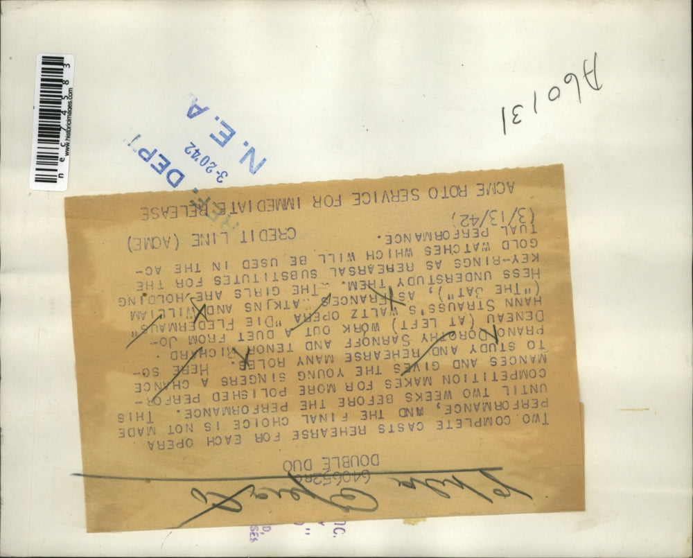 1942 Press Photo Phila, Pa Opera cast, D Sarnoff,R DeNeau,F Watkins,W Hess