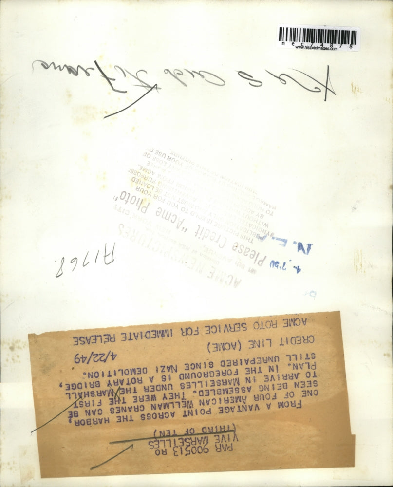 1949 Press Photo Wellman cranes at Marseilles harbor in France, Marshall plan