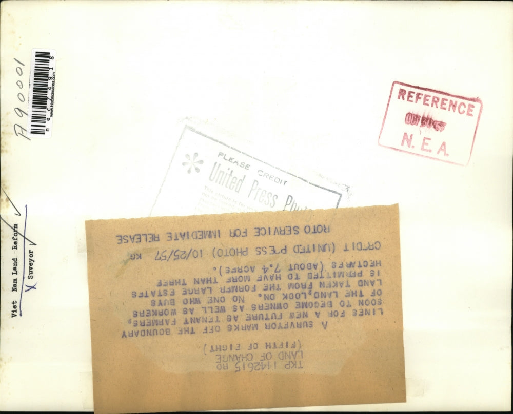 1957 Press Photo Surveyor sets lines for tenant farmers of 3 hectares