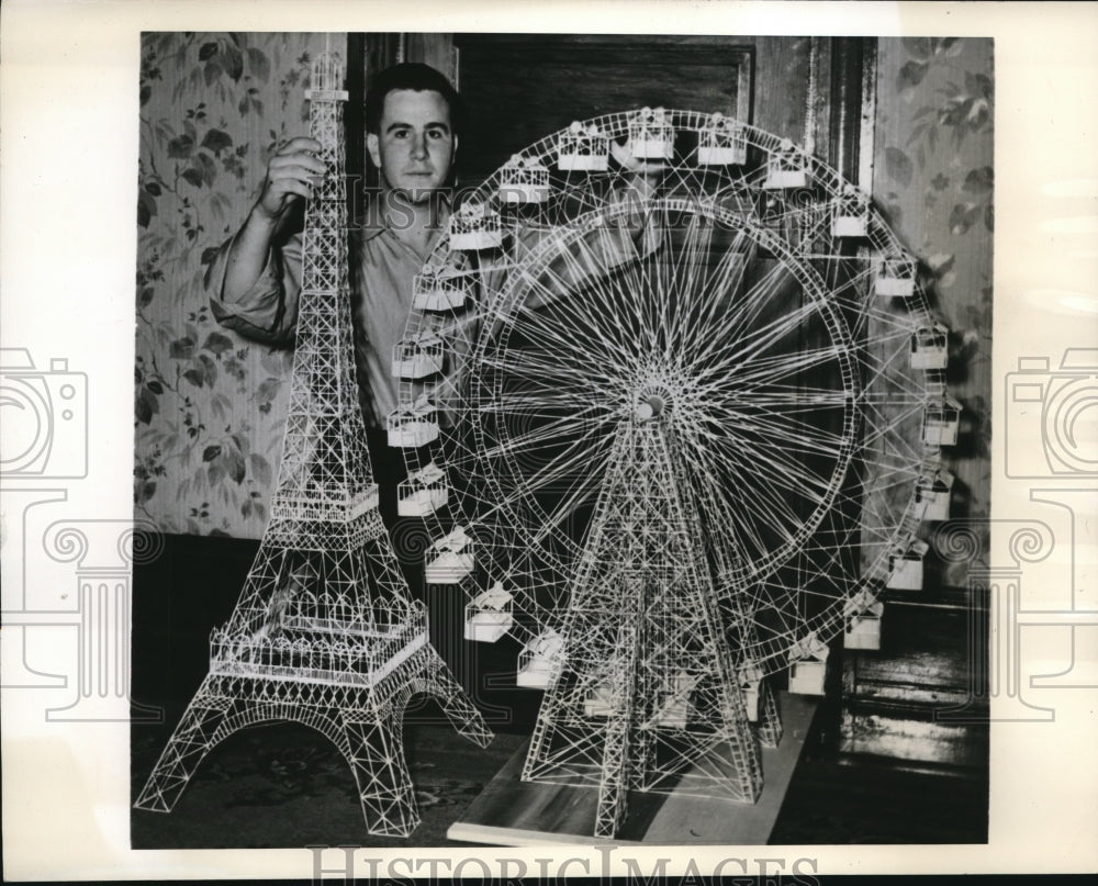 1940 Press Photo Richard Liephart & models of Eiffle Tower & ferris wheel