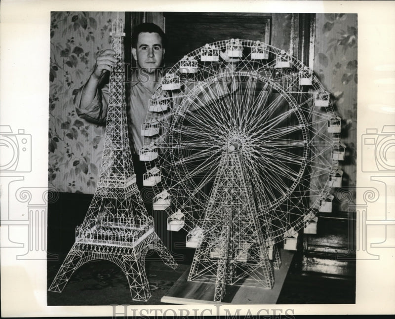Load image into Gallery viewer, 1940 Press Photo Richard Liephart &amp; models of Eiffle Tower &amp; ferris wheel
