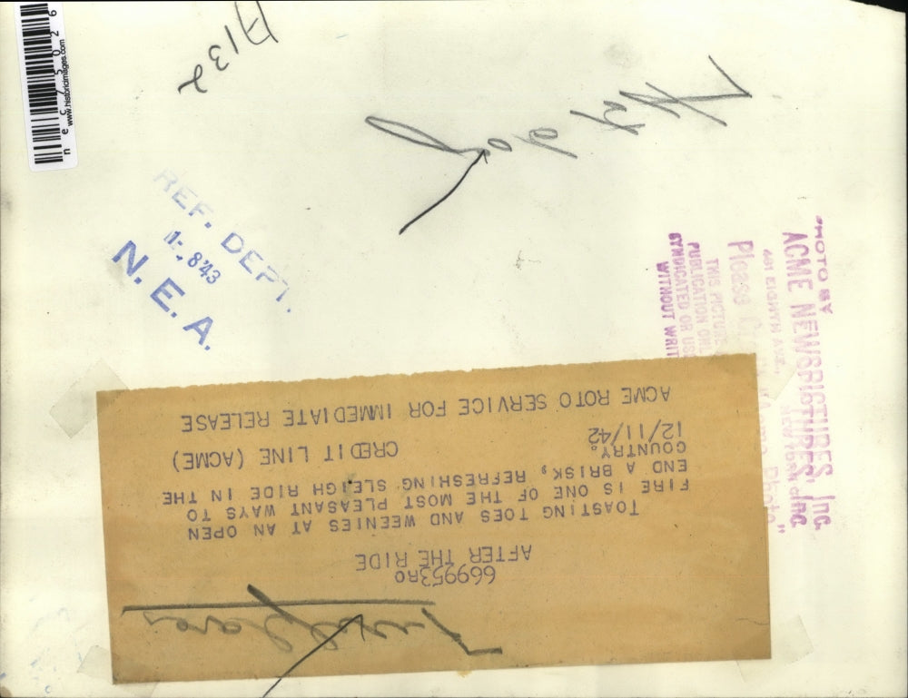 1942 Press Photo A group of people tost weinies at a fireplace in the country