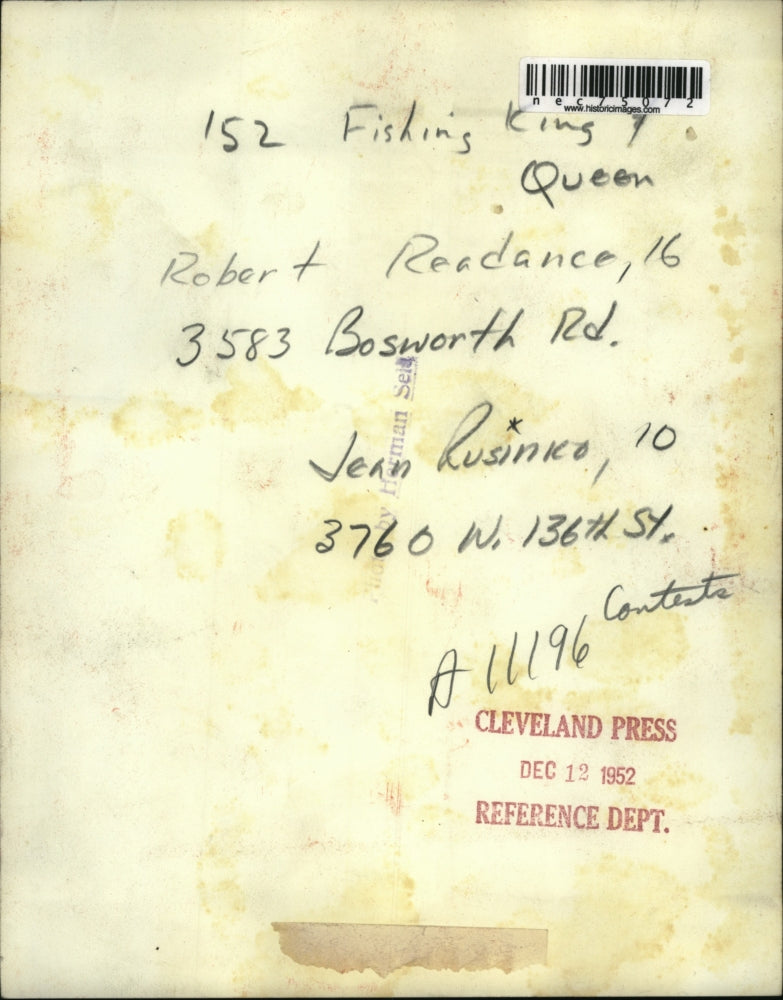 1952 Press Photo Cleveland fishing King & Queen Rbt Readdance, Jean Rusinko