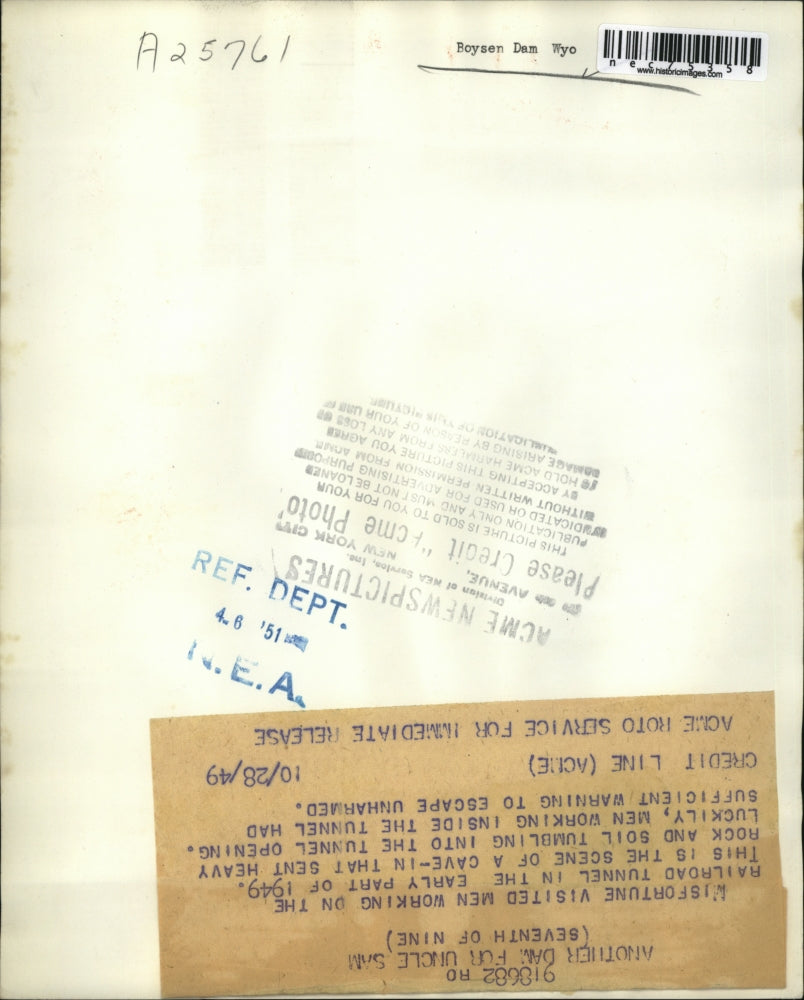 1949 Press Photo Cave In at Railroad Tunnel at Boysen Dam in Wyoming