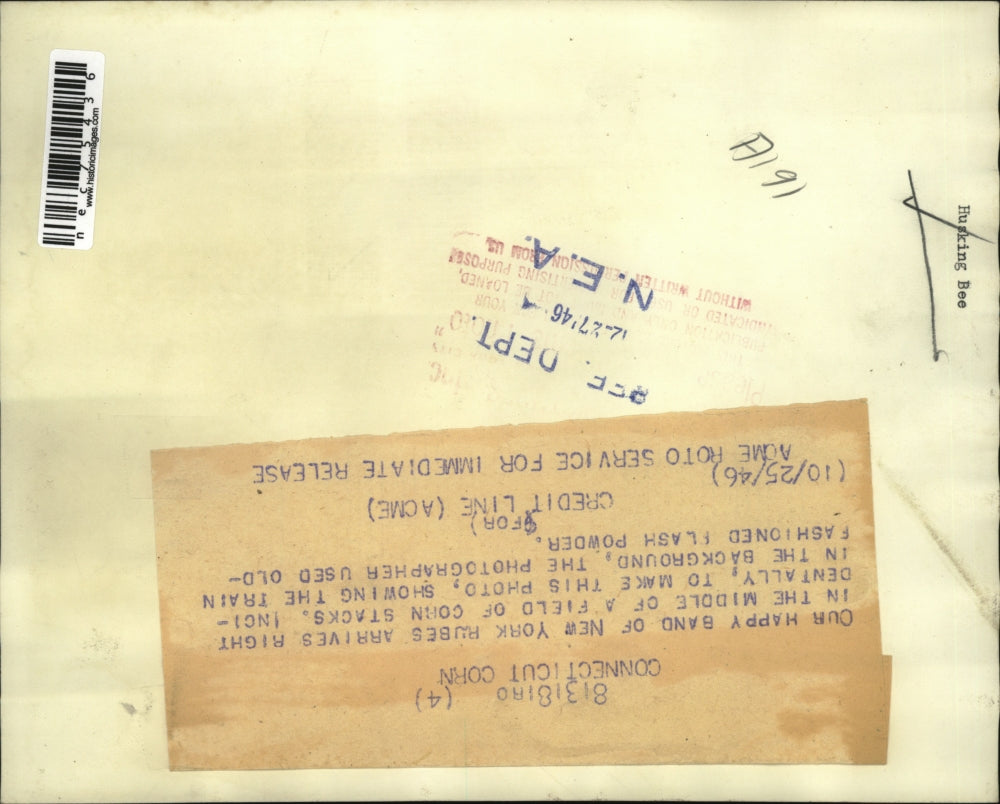 1946 Press Photo NY crowd in a field of corn stacks with train behind them