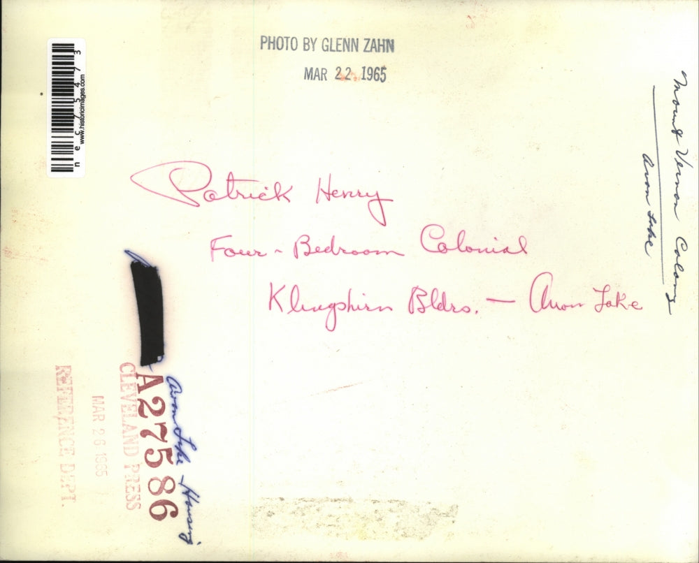 1965 Press Photo Patrick Henry 4 bedromm colonial home at Arrow lake